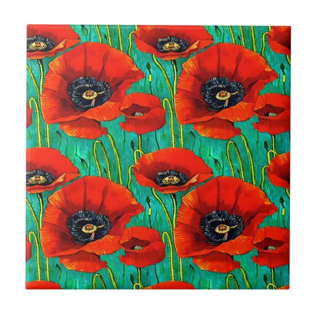 Poppy flower seamless pattern red green floral ceramic tile (Front)