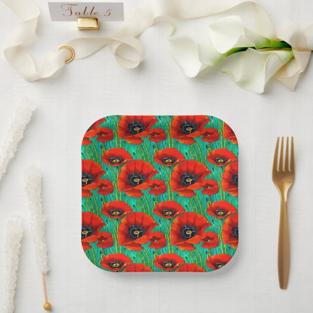 Poppy flower summer spring wildflower remembrance  paper plate (Wedding)
