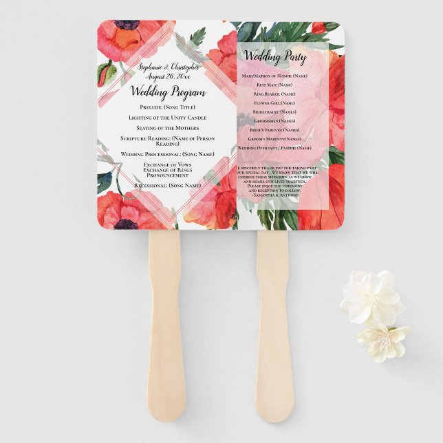 Poppy Flower Watercolor Red Rehearsal Dinner Invit Hand Fan (Front and Back)