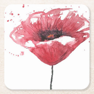 Poppy flower, watercolor square paper coaster