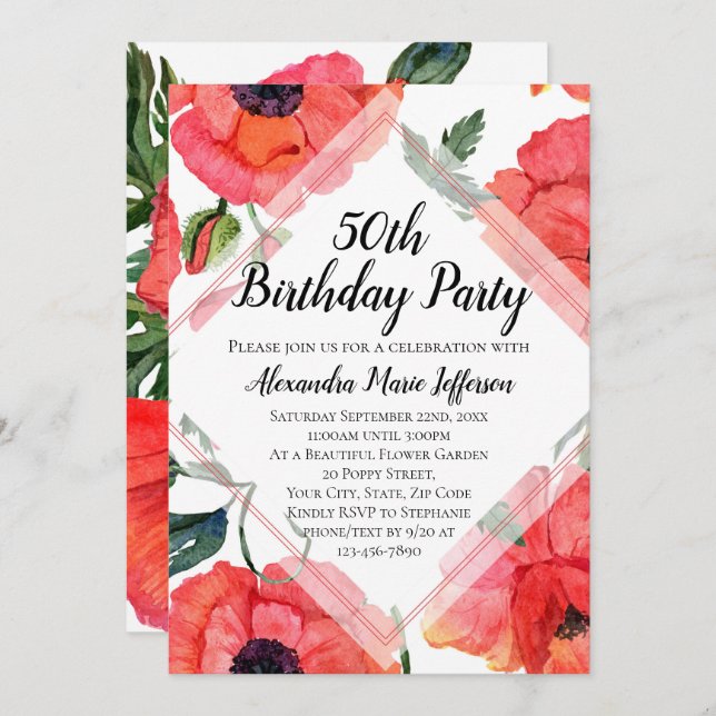 Poppy Flower Watercolor Womens 50th Birthday Party Invitation (Front/Back)