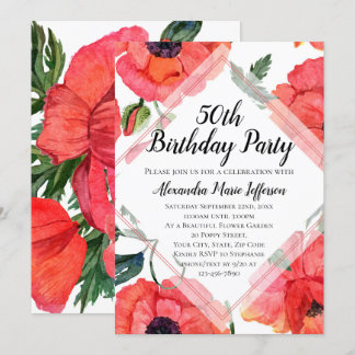Poppy Flower Watercolor Womens 50th Birthday Party Invitation