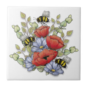Poppy Flowers and Bees Digital Drawing, Botanical  Ceramic Tile