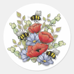 Poppy Flowers and Bees Digital Drawing, Botanical  Classic Round Sticker