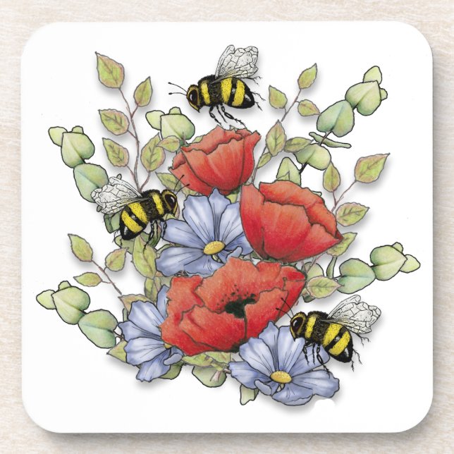 Poppy Flowers and Bees Digital Drawing, Botanical  Coaster (Front)
