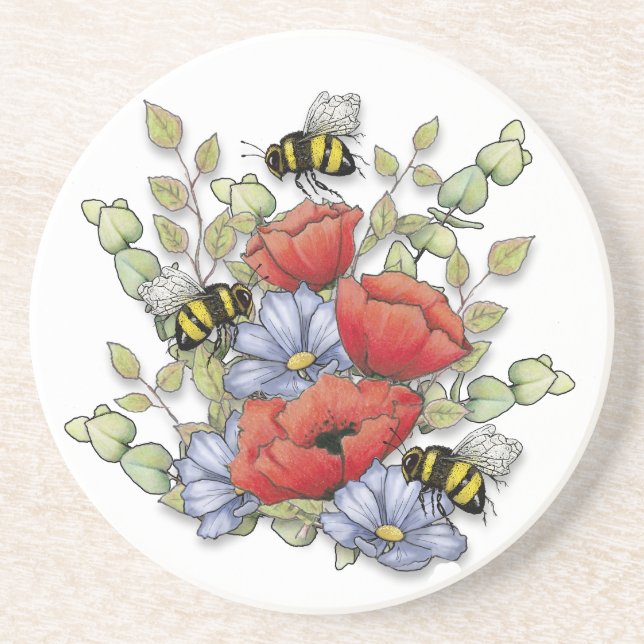 Poppy Flowers and Bees Digital Drawing, Botanical  Coaster (Front)