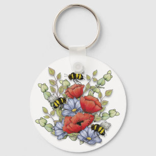 Poppy Flowers and Bees Digital Drawing, Botanical  Key Ring