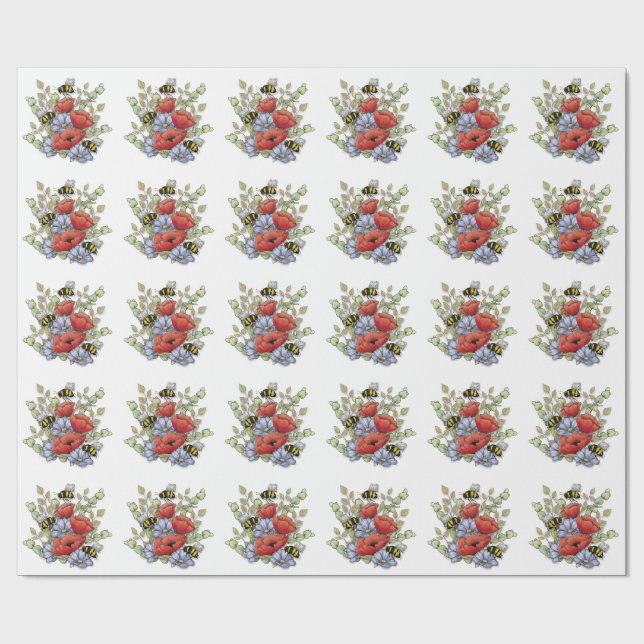 Poppy Flowers and Bees Digital Drawing, Botanical  Wrapping Paper (Flat)