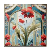 Poppy Flowers Art Deco Design Ceramic Tile