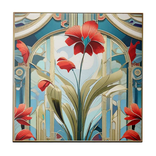 Poppy Flowers Art Deco Design Ceramic Tile (Front)