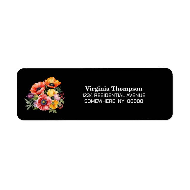 Poppy Flowers Black Return Address Label (Front)