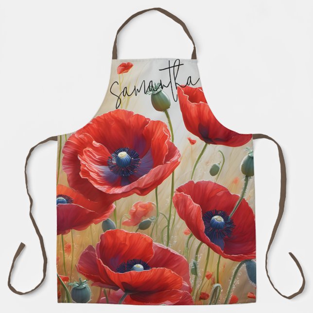 Poppy Flowers Blossom Apron-Personalised Name Gift Apron (Front)