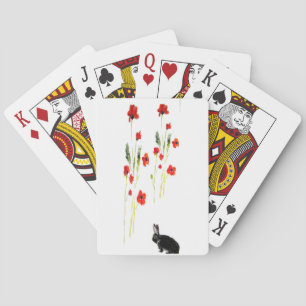 Poppy Flowers Bunny Rabbit black Playing Cards