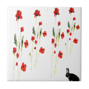 Poppy Flowers Bunny Rabbit Ceramic Tile