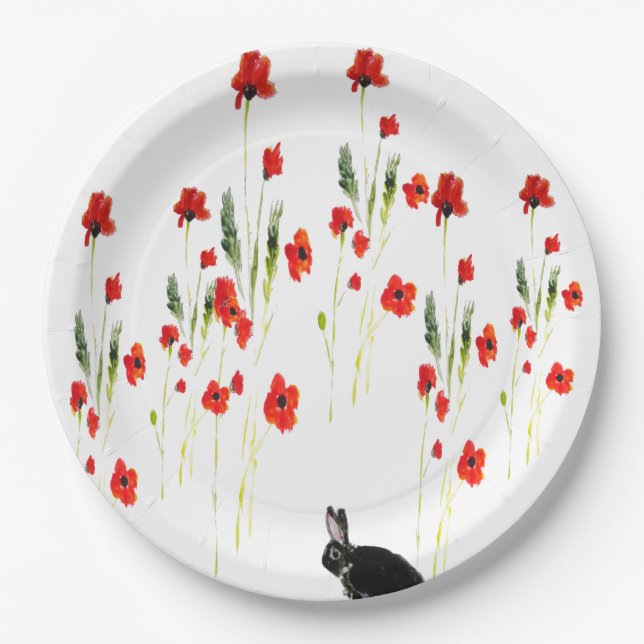 Poppy Flowers Bunny Rabbit Floral Paper Plate (Front)