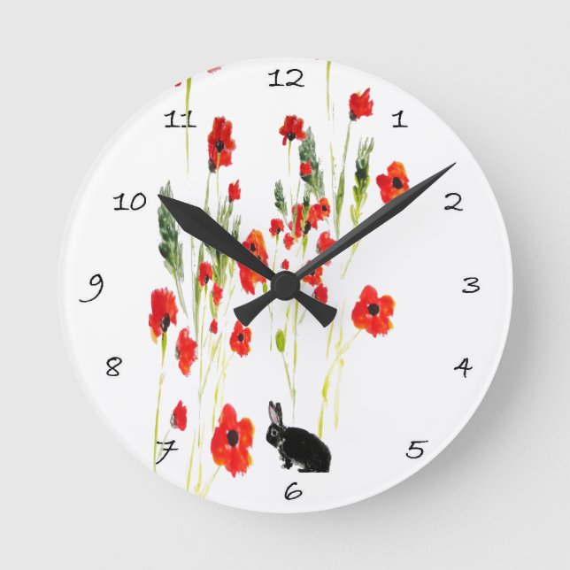 Poppy Flowers Bunny Rabbit Round Clock (Front)