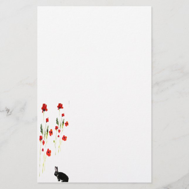 Poppy Flowers Bunny Rabbit Stationery (Front)