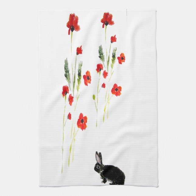 Poppy Flowers Bunny Rabbit Tea Towel (Vertical)