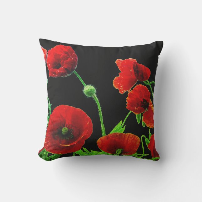 Poppy Flowers Colourful Floral Abstract Red Black Cushion (Front)
