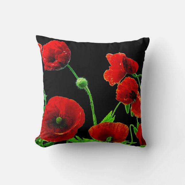 Poppy Flowers Colourful Floral Abstract Red Black Cushion (Front)
