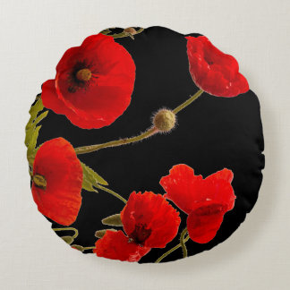 Poppy Flowers Colourful Red Floral Abstract Black Round Cushion