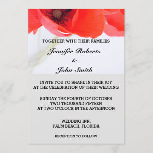 Poppy Flowers Floral Red White Grey Trendy Wedding Invitation
