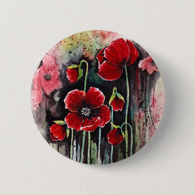 Poppy  Flowers In Watercolor 6 Cm Round Badge (Front)