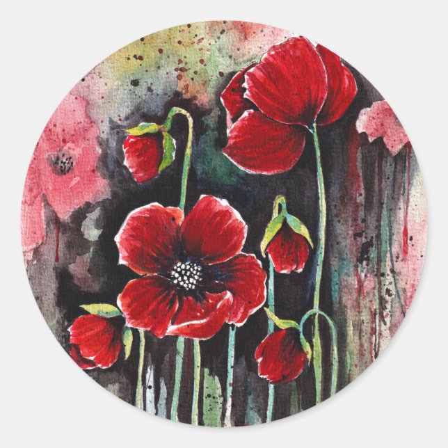 Poppy Flowers In Watercolor  Classic Round Sticker (Front)