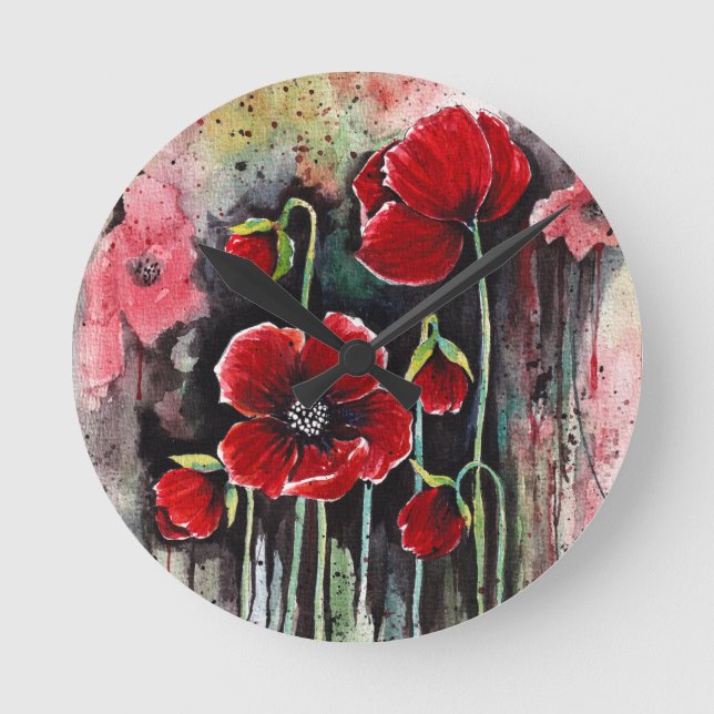 Poppy Flowers In Watercolor  Round Clock (Front)