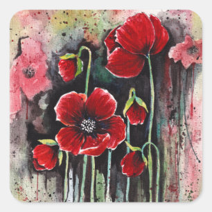 Poppy Flowers In Watercolor  Square Sticker