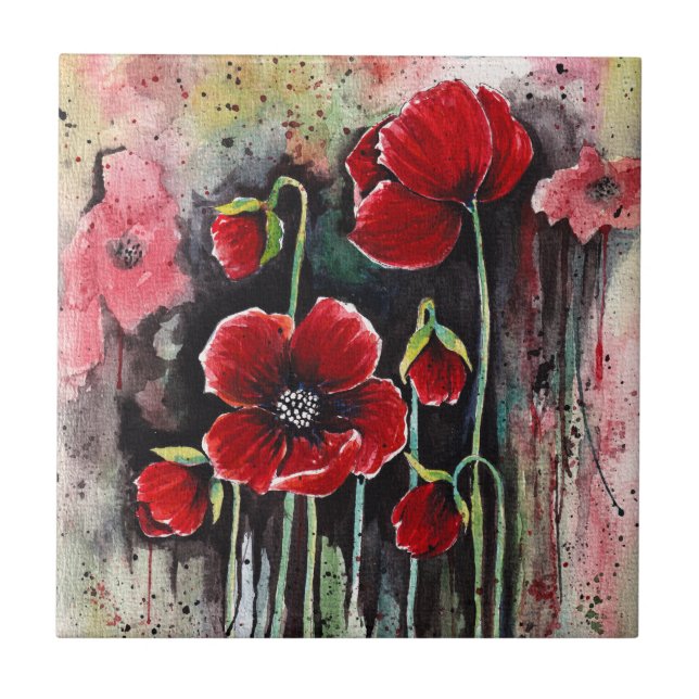 Poppy Flowers In Watercolor Tile (Front)