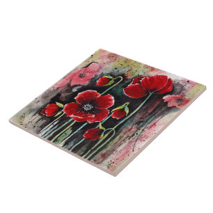 Poppy Flowers In Watercolor Tile