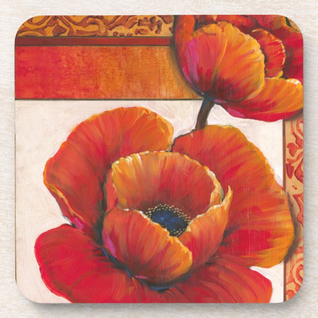 Poppy Flowers on Tan and Orange Background Coaster (Front)