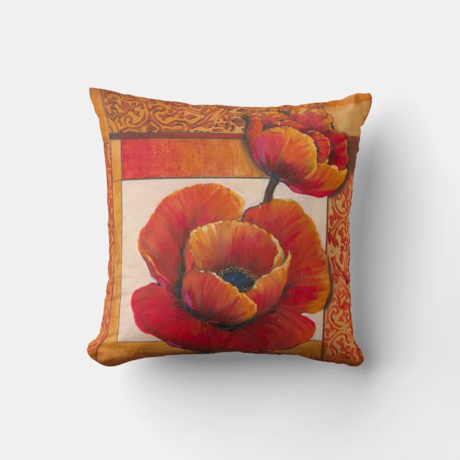 Poppy Flowers on Tan and Orange Background Cushion (Front)