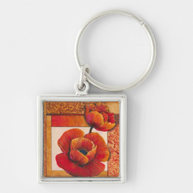Poppy Flowers on Tan and Orange Background Key Ring (Front)