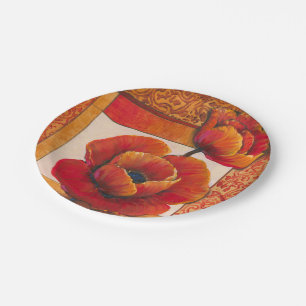 Poppy Flowers on Tan and Orange Background Paper Plate