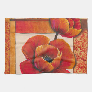 Poppy Flowers on Tan and Orange Background Tea Towel