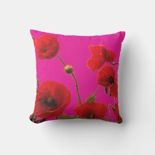 Poppy Flowers Orange Hot Pink Floral Art Abstract Cushion