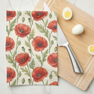 Poppy flowers pattern tea towel