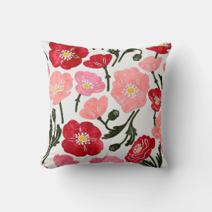 Poppy Flowers Pretty Pink Red Floral Pattern  Cushion