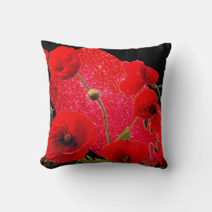 Poppy Flowers Red Glitter Sparkle Black Colourful Cushion