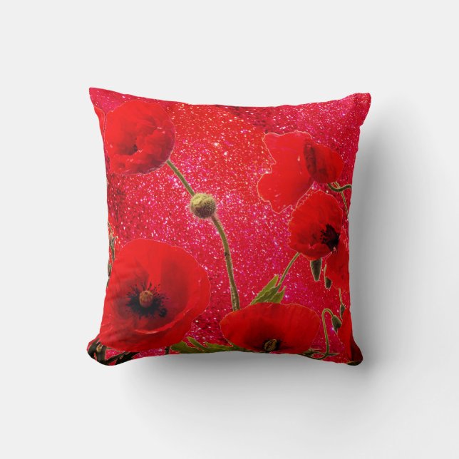 Poppy Flowers Red Glitter Sparkle Glittery 2020 Cushion (Front)