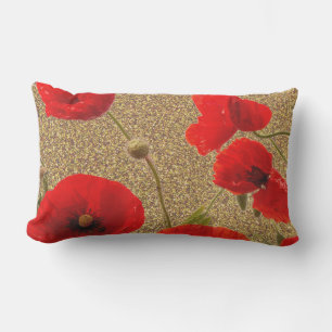 Poppy Flowers Red Gold Glitter Golden Rustic Lumbar Cushion