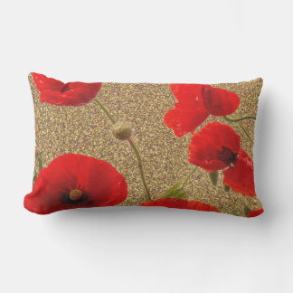 Poppy Flowers Red Gold Glitter Golden Rustic Lumbar Cushion