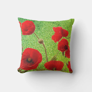 Poppy Flowers Red Green Glitter Artsy Abstract Cushion