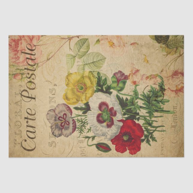 Poppy Flowers Vintage Postcard  Decoupage Tissue Paper (Front)