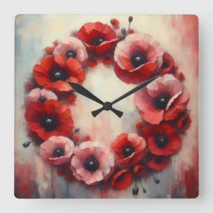 poppy flowers wreath square wall clock