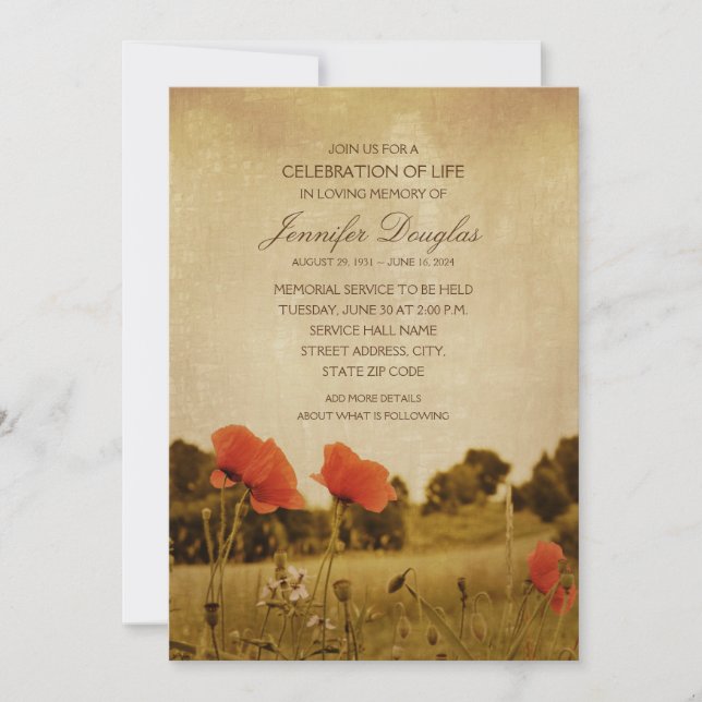 Poppy Funeral Announcements Memorial Cards (Front)