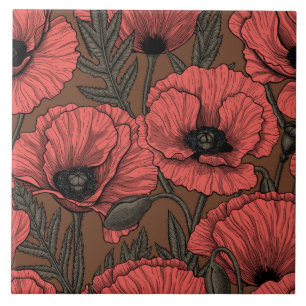 Poppy garden in coral and brown ceramic tile