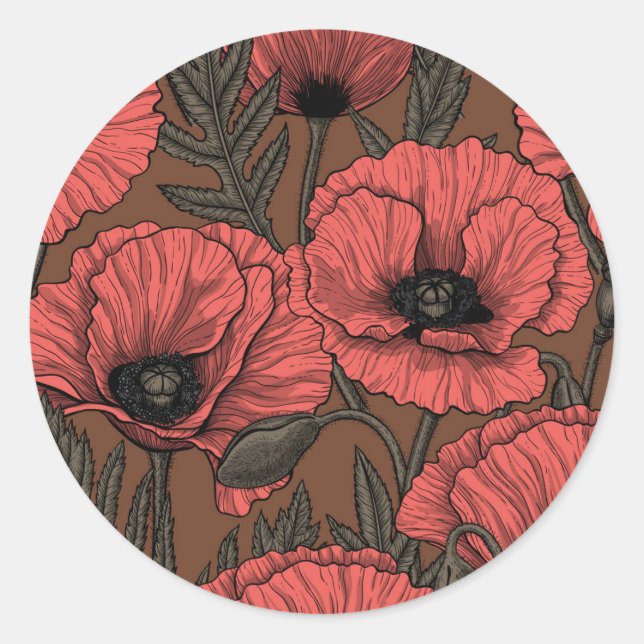 Poppy garden in coral and brown classic round sticker (Front)
